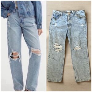 H&M &Denim Light Blue Distressed High Waist 90s Boyfriend Jeans Size 16